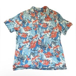 Nautica Blue Sail Tropical Parrot Button-Down Shirt Linen Blend Tiki Hawaiian L